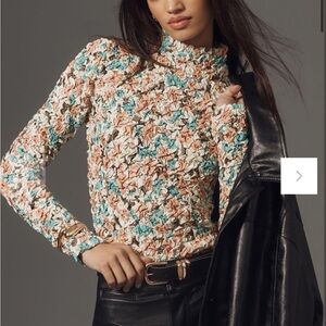 Anthropologie DOLAN Printed Pebble-Smocked Turtleneck Top